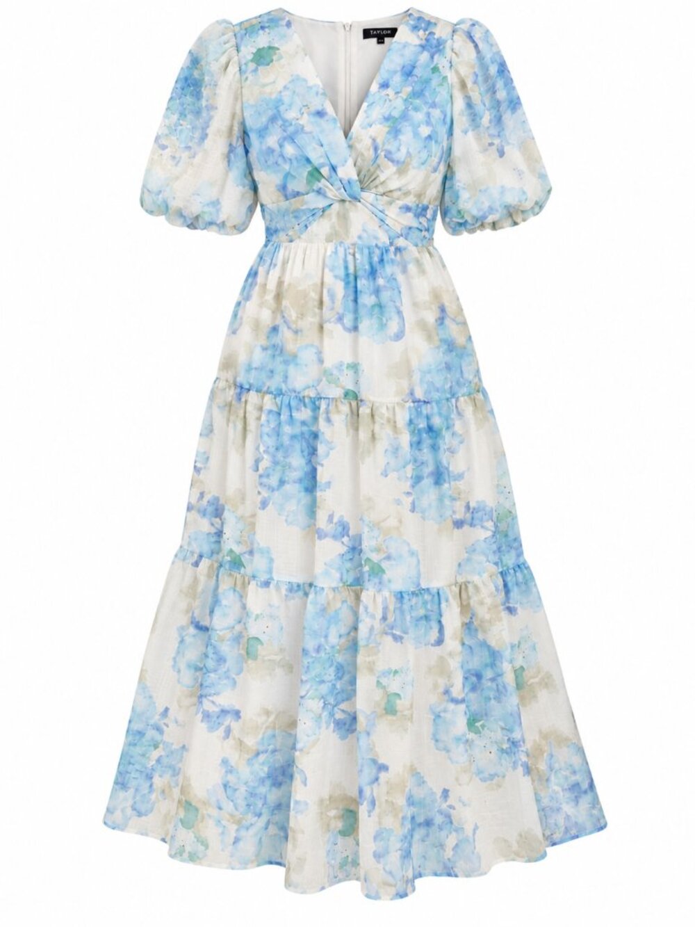 Taylor Plus Size Floral Puff Sleeve Tiered Maxi Dress Blue Ivory 14W NWT